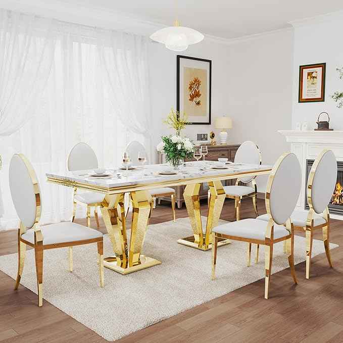 AF ARTISAN FURNITURE 7 Piece Luxury Dining Room Set, Modern Dining Table and Upholstered Chairs Set, Marble Kitchen Table Set for 6, Big Kitchen Dinner Tables Kit with Gold Base
