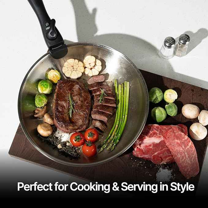 316 Stainless Steel Removable Handle Cookware, 5-Ply Stackable Cookware Set, 6-Piece Pans with Universal Lid, Induction Compatible, Oven & Dishwasher Safe