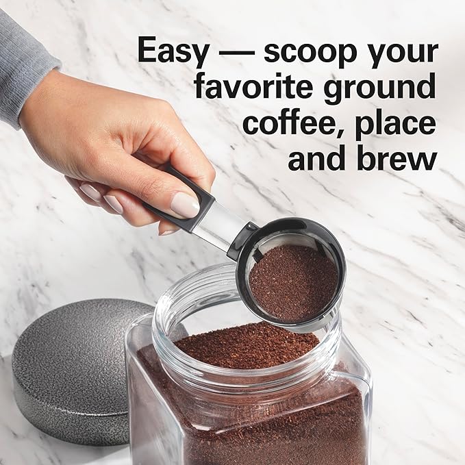 Hamilton Beach The Scoop Single Serve Coffee Maker & Fast Grounds Brewer for 8-14oz. Cups, Brews in Minutes, 40oz. Removable Reservoir, Stainless Steel (49987),Silver