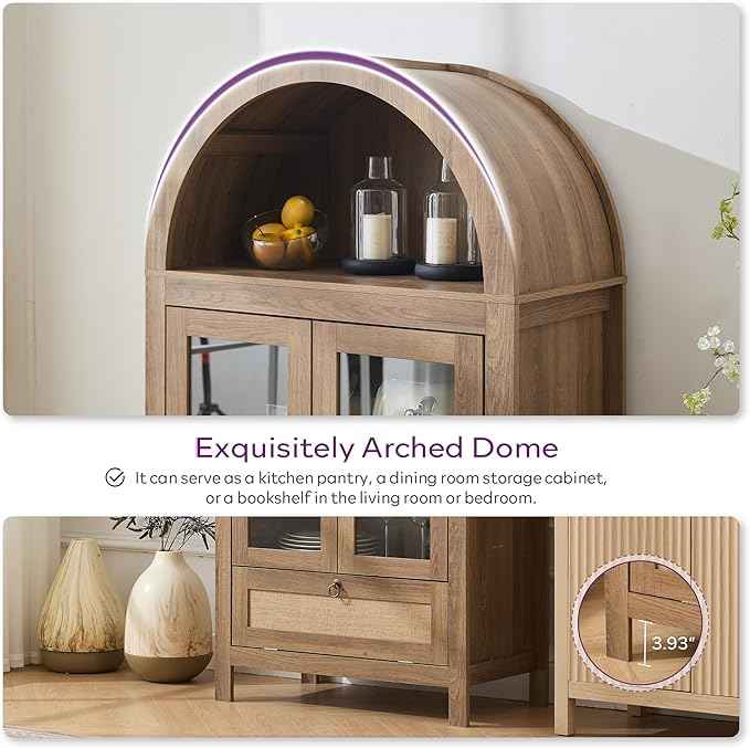TYBOATLE 71" Tall Arched Pantry Cabinet with Innovative Drawer, Kitchen Cabinet with Anti-Tipping Device and Glass Door, Versatile Cupboard for Kitchen, Dining, Natrual