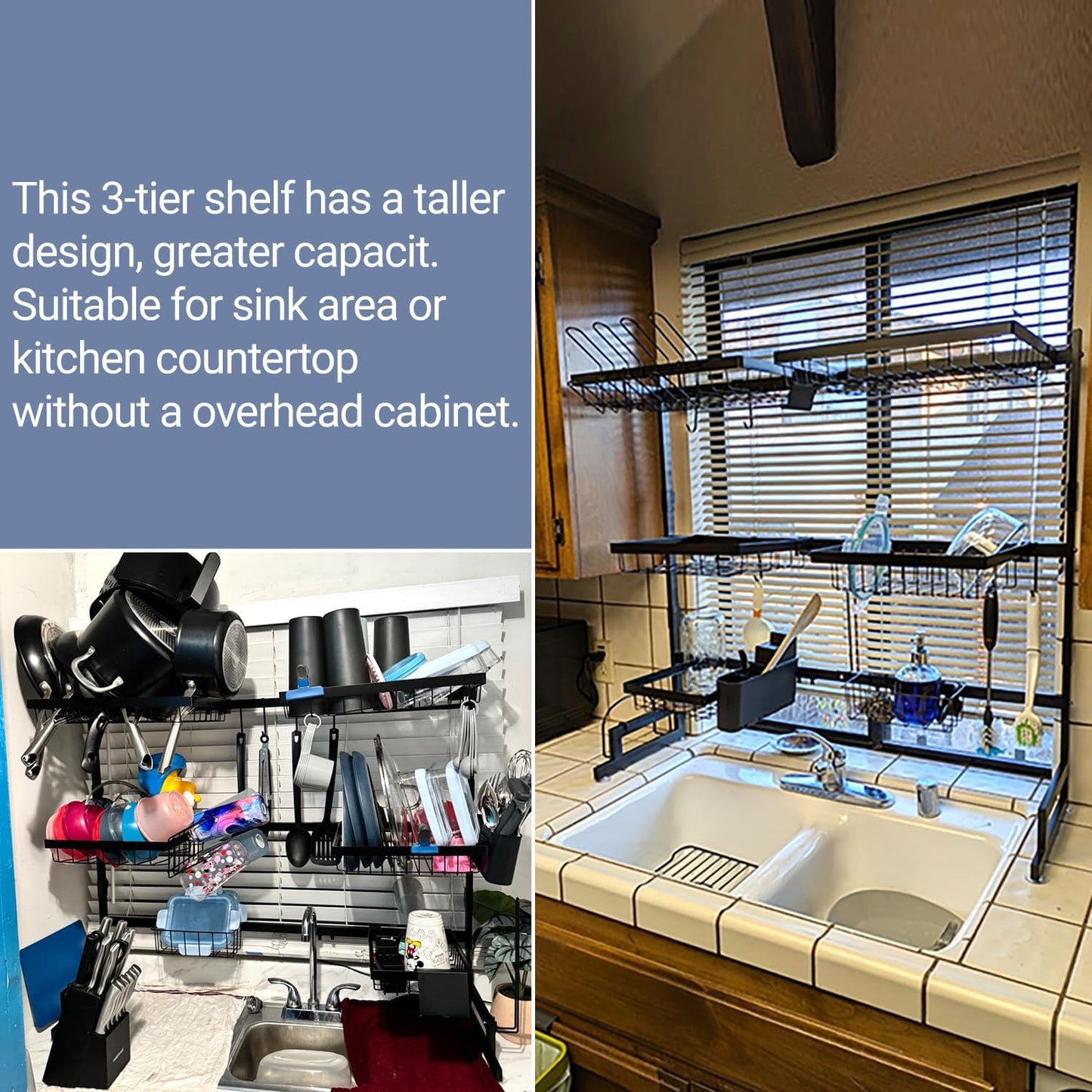 ADBIU Over The Sink Dish Drying Rack (Expandable Height and Length) Snap-On Design 2 Tier Large Dish Rack 31-39.4L x 12W x 34-38H inches