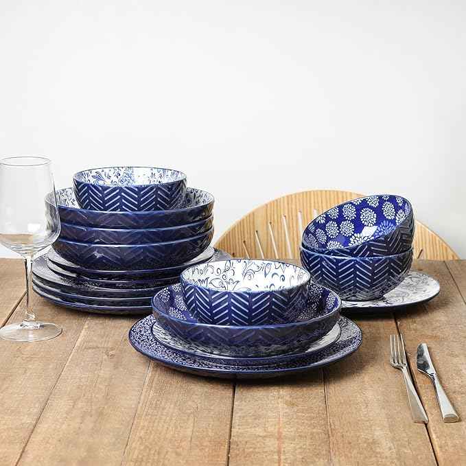 Selamica Ceramic Plates and Bowls Sets, 32 Pieces Dinnerware Sets for 8, Scratch Resistant Embossed Dishes Set for Family Gatherings, Dishwasher & Microwave Safe, Dark Blue