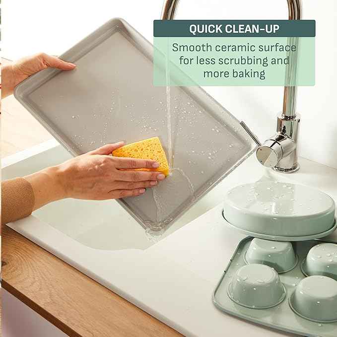 T-fal Refresh Ceramic Nonstick Baking Pans Set (5 Pieces), Roaster, 6-Cup for Muffins, Loaf, Square Baking Sheets Non Stick, Stackable Bakeware Sets, Mint Green