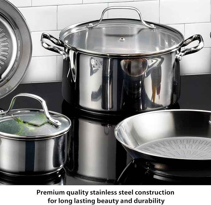T-fal Performa Stainless Steel Cookware Set 12 Piece Induction Oven Broiler Safe 500F Pots and Pans, Dishwasher Safe Silver