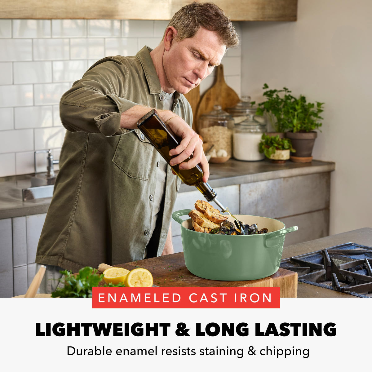 x Bobby Flay 5.5QT Enameled Cast Iron Dutch Oven With Lid (5.5QT Dutch Oven / Olive Green)