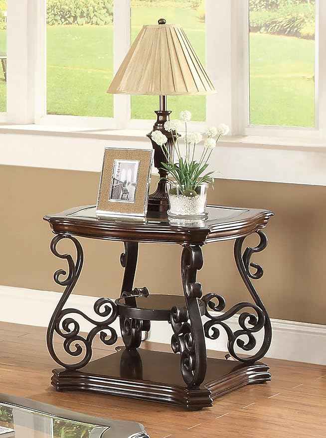Coaster Home Furnishings - Laney - 1-Shelf Glass Top Rectangular End Table with Metal Legs, Scrollwork Design and Polished Wood Surface - Living Room - 26-Inch - Dark Merlot - 702447