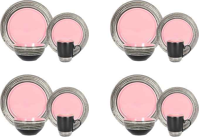 16 Piece Dinnerware Set, Ceramic Plates and Bowls Sets for 4, Microwave and Dishwasher Safe, Handcrafted Tree Bark Series Dish Set, Rose/Pink