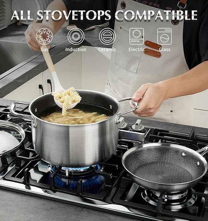 KOCH SYSTEME CS Triply Stainless Steel Cookware Set 10PCS, Nonstick Hybrid Pots and Pans Set, Nontoxic Kitchen Cookware Set with Honeycomb Interior, Pots and Pans Set Non Stick, Induction Compatible