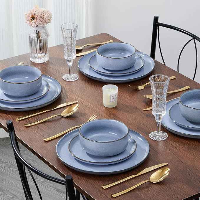 E-far 12-Piece Reactive Glaze Dinnerware Sets, Ceramic Dishes Set for 4, Stoneware Plates and Bowls Dinning Ware, Microwave & Dishwasher Safe - Ocean Blue