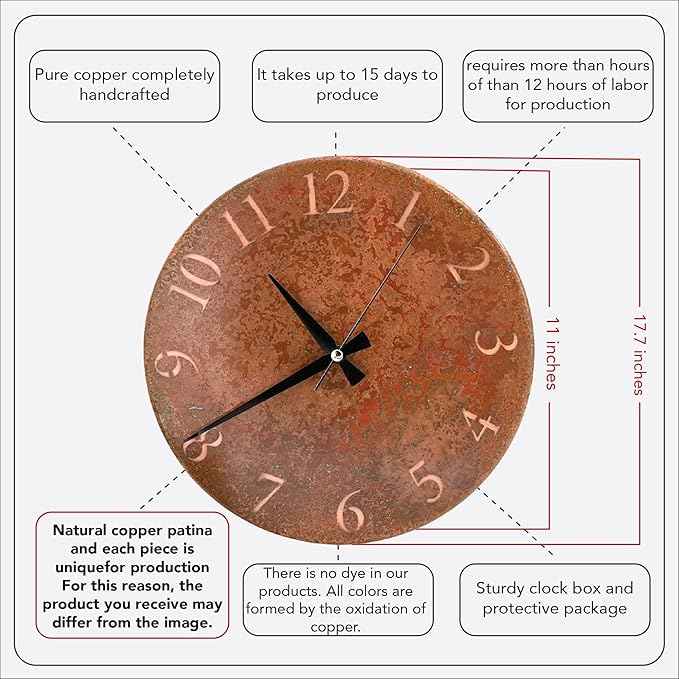 Handmade Pure Copper Wall Clock for Home Decoration, Decor Clock for Living Room, Bedroom and Kitchen, Rustic Decorative Mural Clock Art for Farmhouse (Rusty Numbers, 11)