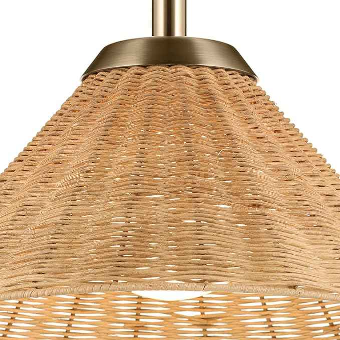 KICHLER Bekah 1-Light Convertible Pendant, Global Boho Light with Opal Glass and Handwoven Rattan Shade in Champagne Bronze, Sloped Ceiling Compatible, for Kitchen or Bedroom (10" x 18"), 52729CPZ