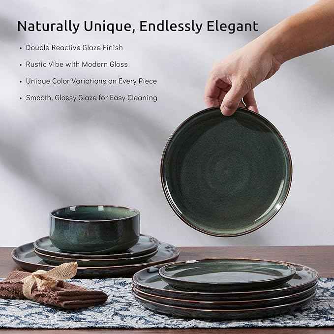 E-far Dinnerware Sets for 8, 24-Piece Stoneware Plates and Bowls Set, Ceramic Dishes Reactive Glaze Dinning Ware, Microwave & Dishwasher Safe - Obsidian Green