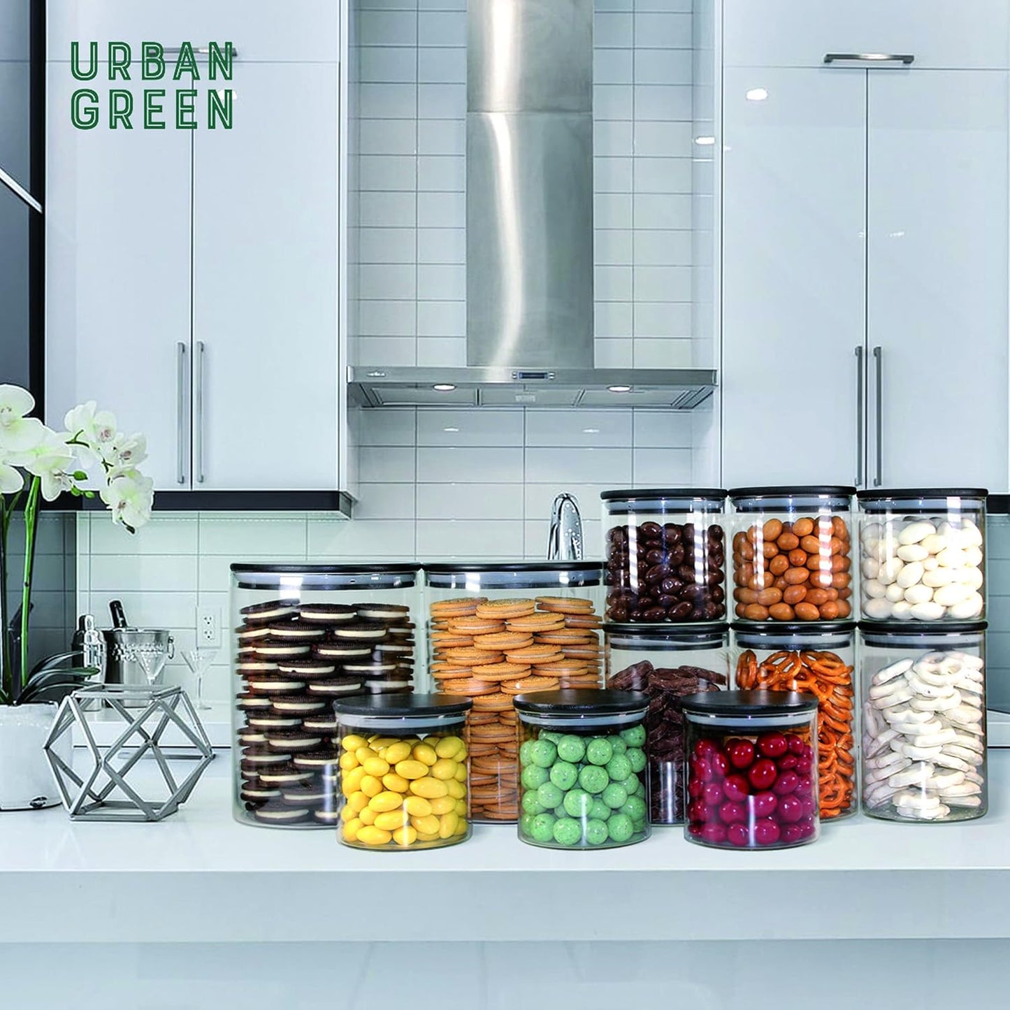 Urban Green Glass Jars with Black Bamboo Lids, Food Storage Containers with Airtight Black Lids, Glass Kitchen Canisters Sets (3 pack of 20oz + 3 pack of 30oz)