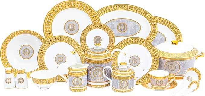 White and Gold Dinnerware Set - 58 Piece 'Mosaic' Dinner Set Luxury Bone China 24K Gold Inlays for Everyday use or Formal Occasions