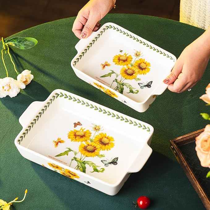 ONCCI In-Glaze Ceramic Baking Dish Set of 2 - Rectangular with Handles,Single Serving Size Casserole dishes 10.8*7.99in & 8.58*6.54inch Sizes - Oven Safe for Cooking, Baking, Casseroles - Dishwasher Safe(Sunflower)