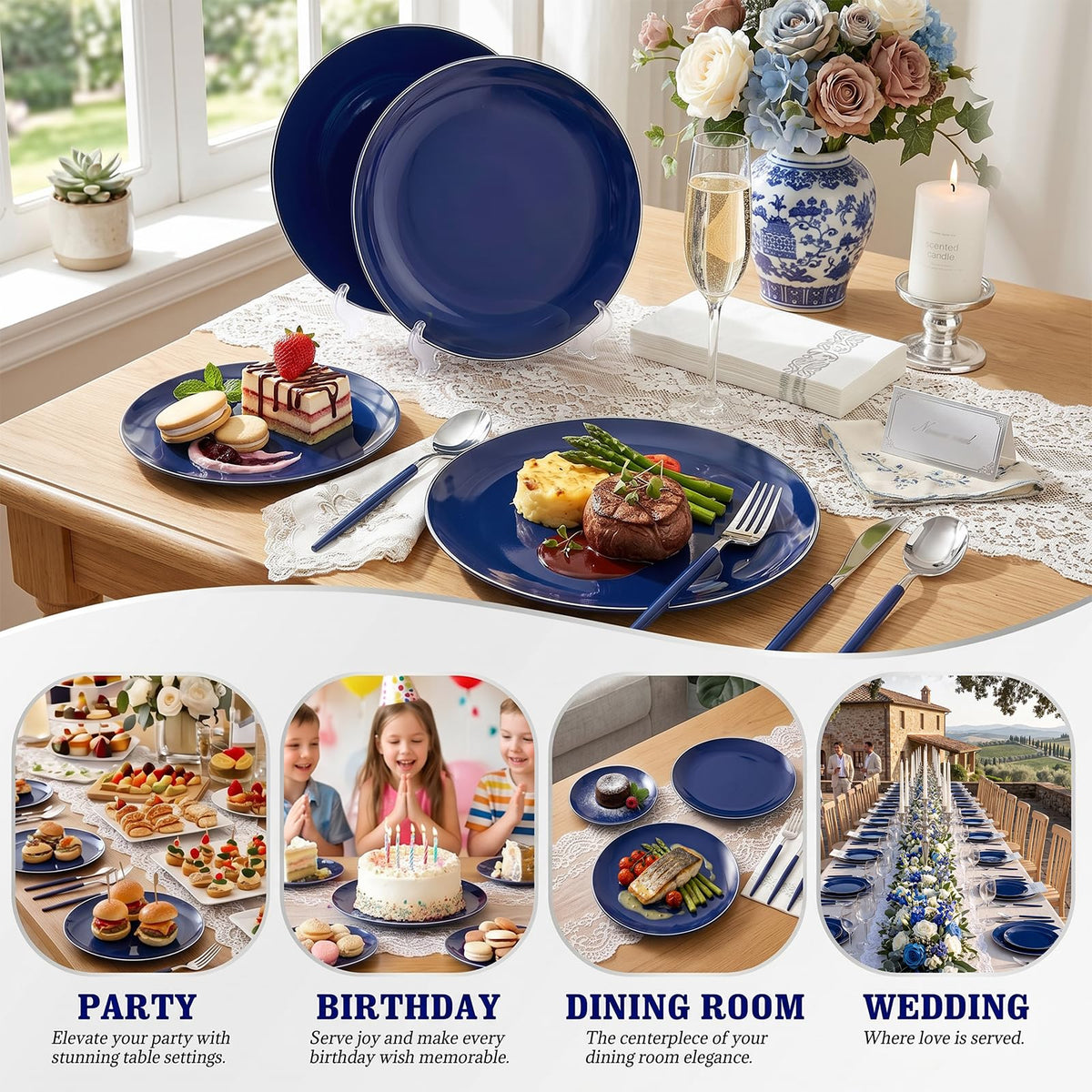 175Pcs Blue Plastic Plates with Silver Rim & Disposable Silverware with Blue Handle & Silver (Blue and Gold / 175)