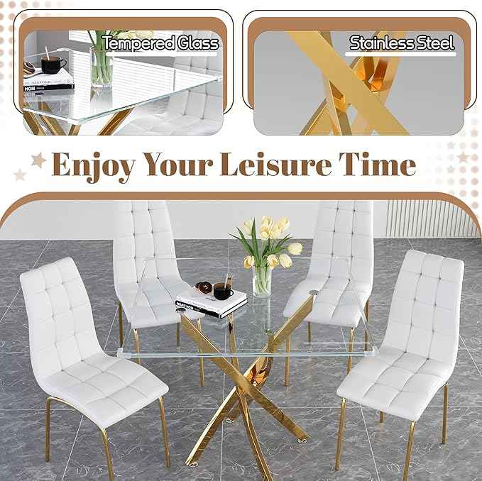 5 Piece Square Glass Dining Table Set, Round Tempered Glass Kitchen Table for 4, Modern Table with 4 High-Back Upholstered Chairs for Kitchen Dining Room (Gold Legs, 4 White Chairs)