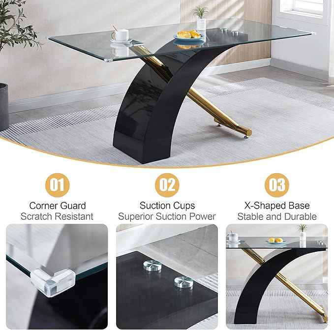 7 Piece Glass Dining Table Set for 6, 63" Modern Kitchen Table with 6 Black Velvet Chairs, Tempered Glass Tabletop with Black X-Shaped MDF Base, Modern Dining Room Set for Kitchen and Dining Room