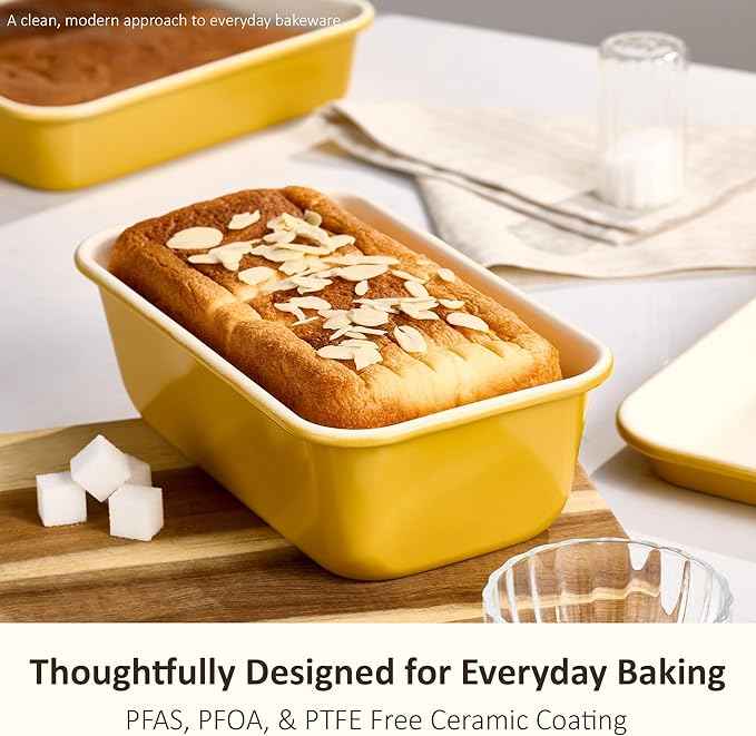 CAROTE 7-Piece Nonstick Ceramic Baking Pans Set - Bakeware Sets Including Cookie Sheets for Baking, Muffin Pan, Bread Pan, Cake pan, Loaf Pan, Roasting Pan, and Cooling Rack, Yellow & White