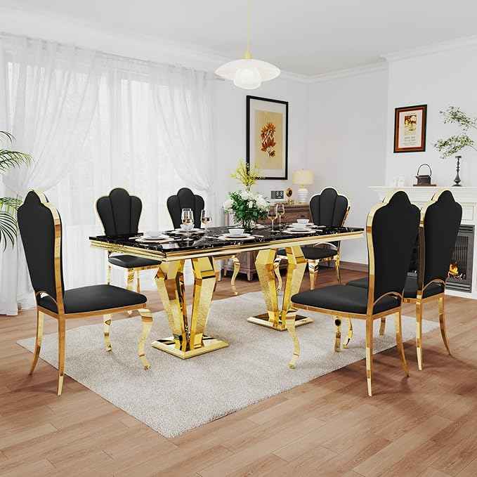 AF ARTISAN FURNITURE 7 Piece Luxury Dining Room Set, Modern Dining Table and Upholstered Chairs Set, Marble Kitchen Table Set for 6, Big Kitchen Dinner Tables Kit with Gold Base