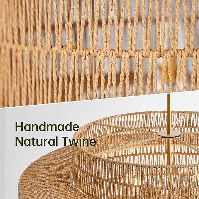 30” Boho Rattan Chandelier Light Fixture, 8-Light Large Hand Woven Pendant Light Fixture Farmhouse Rustic Chandeliers for Dining Room, Kitchen, Bedroom, Living Room, Hallway, Foyer