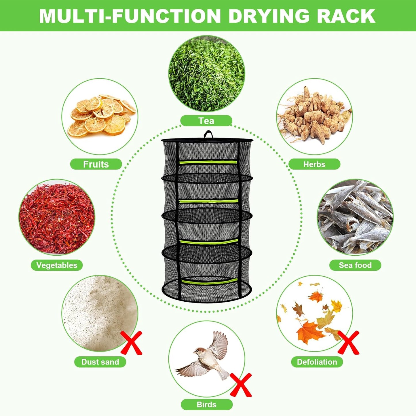 Herb Drying Rack - Mesh Drying Rack - Herb Drying Rack Hanging with Green Zipper & Garden Pruning Shears for Drying Herb - Hanging Drying Rack - Plant Drying Rack (8 Layers)