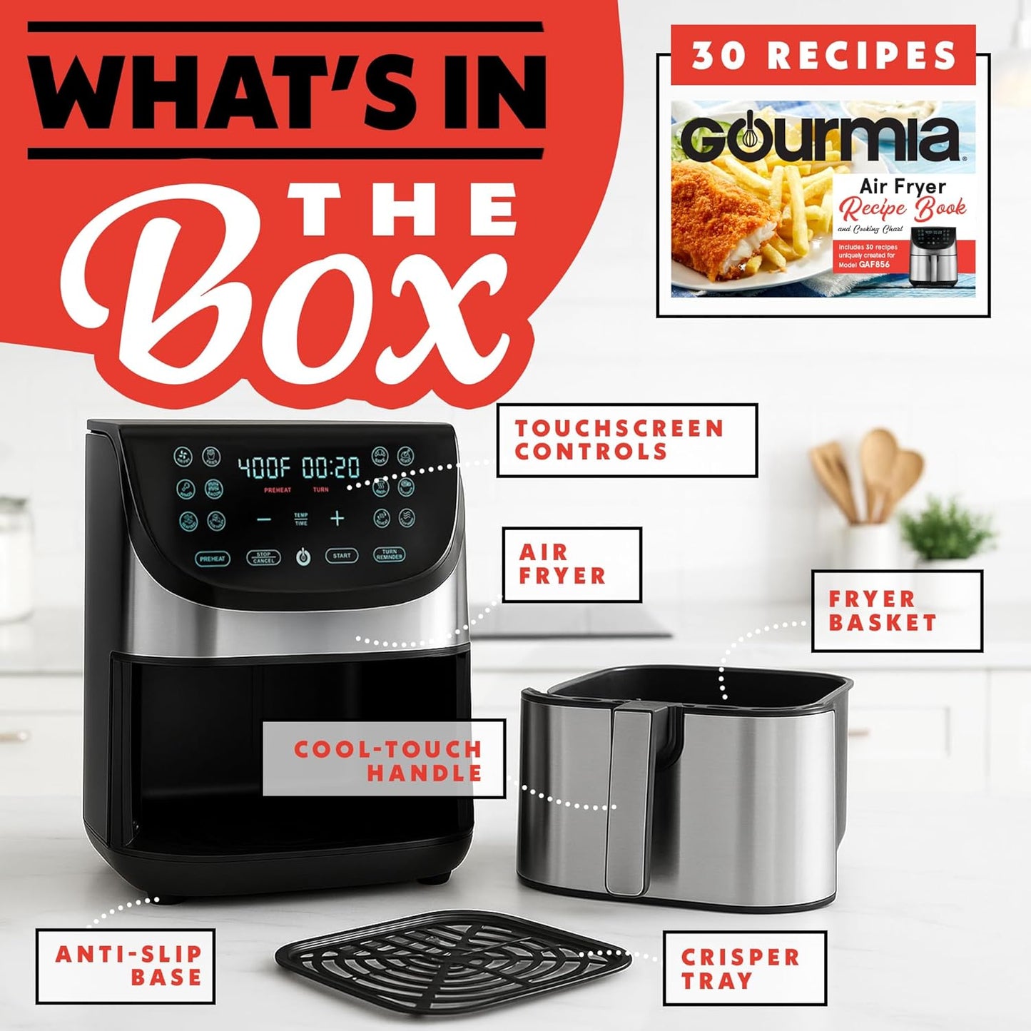 Gourmia Air Fryer Oven Digital Display 8 Quart Large AirFryer Cooker 12 Touch Cooking Presets, XL Air Fryer Basket 1700w Power Multifunction GAF856 Black and Stainless stainless steel air fryer