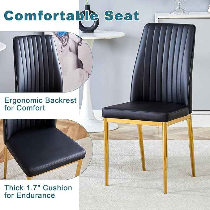 Black Dining Chairs Set of 4 Modern Kitchen Chairs PU Leather Chair with Metal Legs Armless Upholstered Chair for Dinner Room, Office, Waiting Room(Set of 4, Black Golden)