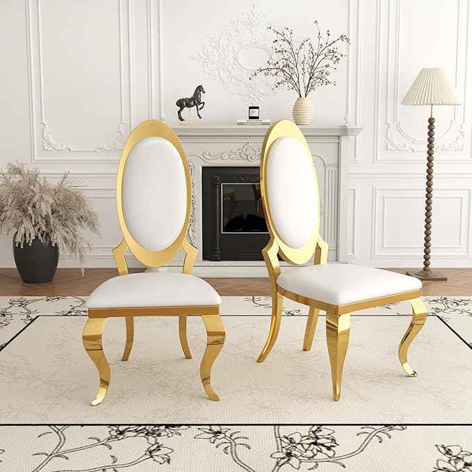 Modern Dining Chairs Set of 2, Luxury Faux Leather Upholstered Armless Dining Room Chair with Mirrored Stainless Steel Gold Legs, Mid Century Accent for Wedding Party Banquet Reception, White
