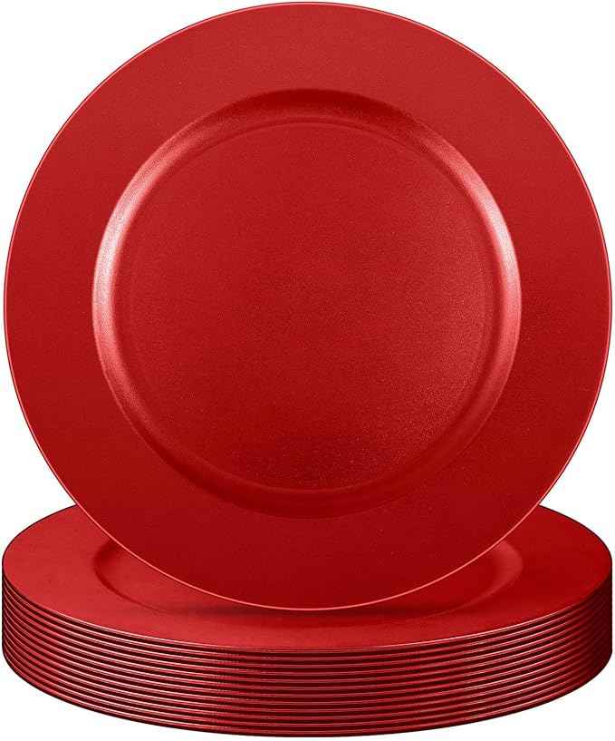 Tanlade 12 Pcs 13 Inch Charger Plates Bulk Round Wedding Chargers Plastic Dinner Plates for Table Setting Wedding Party Decoration (Red)