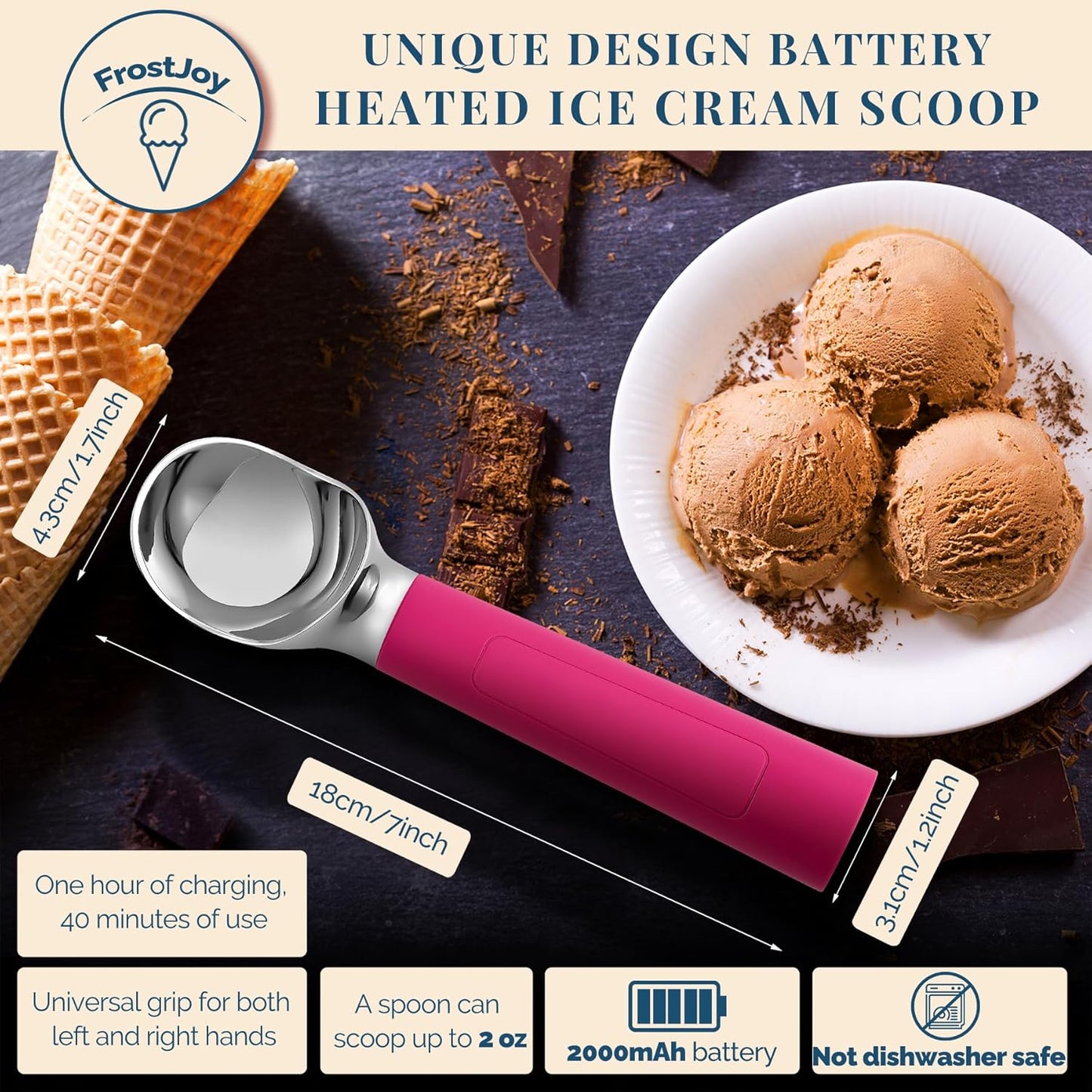 Heated Ice Cream Scoop Rechargeable, Electric Warming Ice Cream Scooper with LED Display, Heats to 158°F for Hard Ice Cream, Easy for Seniors & Kids, IP67 Waterproof (Hot Pink, 2oz)