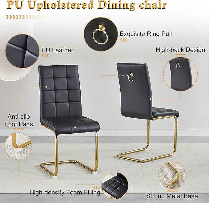 AF ARTISAN FURNITURE 5 Piece Square Glass Dining Table Set, Gold Glass Kitchen Table Set for 4 Modern Table Set with 4 Black PU Upholstered Dining Chairs, for Small Space, Breakfast Nook
