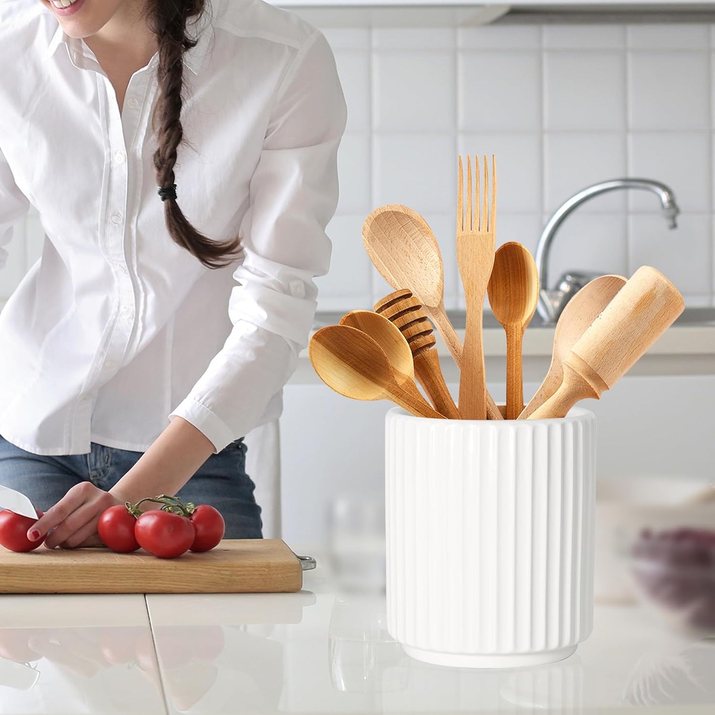 Black Utensil Holder (H5.51” x W4.92”), Ceramic Utensil Crock, Cooking Spoon Holder for Kitchen, Spatula Holder for Counter, Includes Silicone Drying Mat, Black