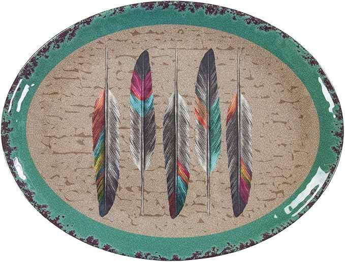 Paseo Road Tossed Feather 14 Piece Melamine Plastic Western Dinnerware Set, Orange Tan Brown Teal Aztec Tribal Print, Southwestern Rustic Dish Set with Plates, Bowls, Serving Dish