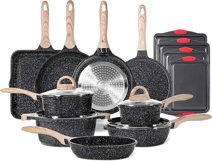 JEETEE 36Pcs Pots and Pans Set Non Stick, Cookware Set Non toxic Kitchen Healthy Induction Cooking Set W/Griddle, Sauté Pan, Baking Trays & Pancake Rake (PFOA, PFAS Free)