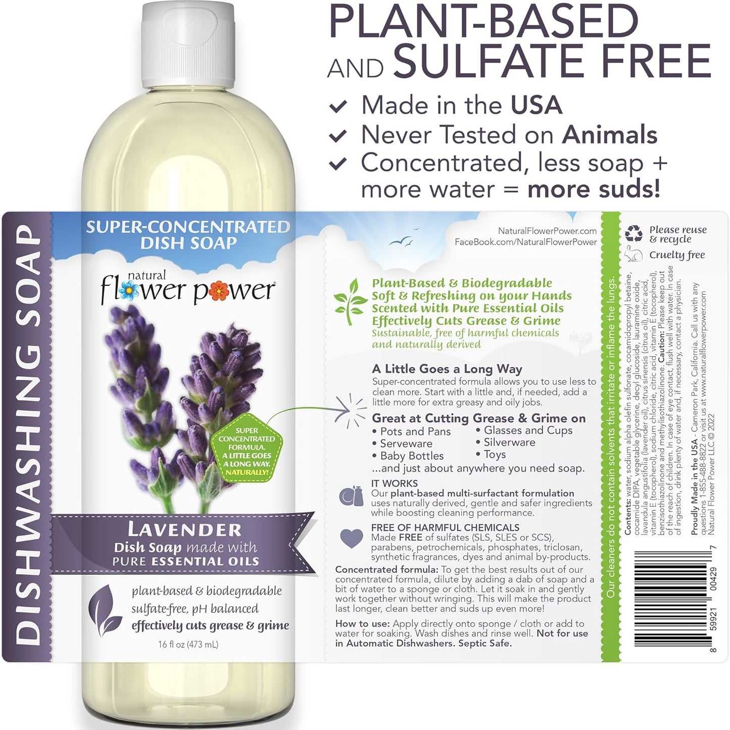 Plant-Derived Dish Soap - Sulfate-Free, Bio-Based, pH-Balanced, Vegan Cleaning Supplies - Variety Pack - Lavender + Lemongrass + Peppermint & Lemon - 3 x 16 oz