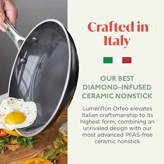 Orfeo 11” Nonstick Frying Pan, Made in Italy, Diamond Ceramic PFAS-Free Cookware, Induction Ready, Scratch Resistant, Laser-Fused Surface for Durability, Dishwasher Safe, Black
