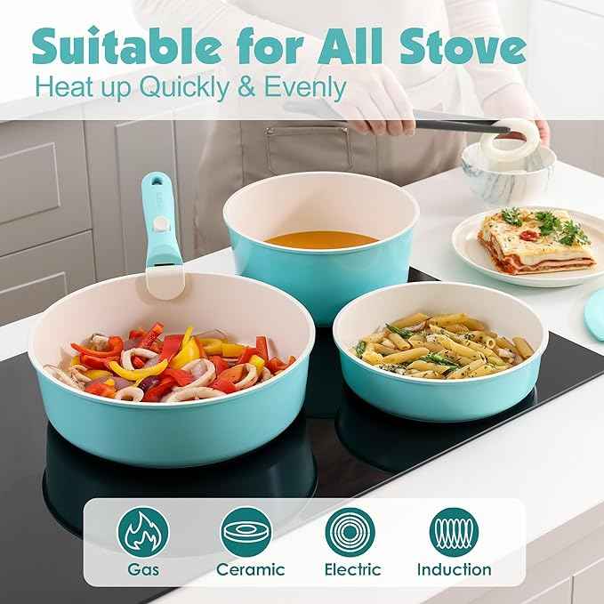 SENSARTE 17 Piece Ceramic Pots and Pans Set, Nonstick Detachable Handle Cookware, Induction Kitchen Cookware Set with Removable Handle, Dishwasher ＆ Oven Safe (Turquoise)
