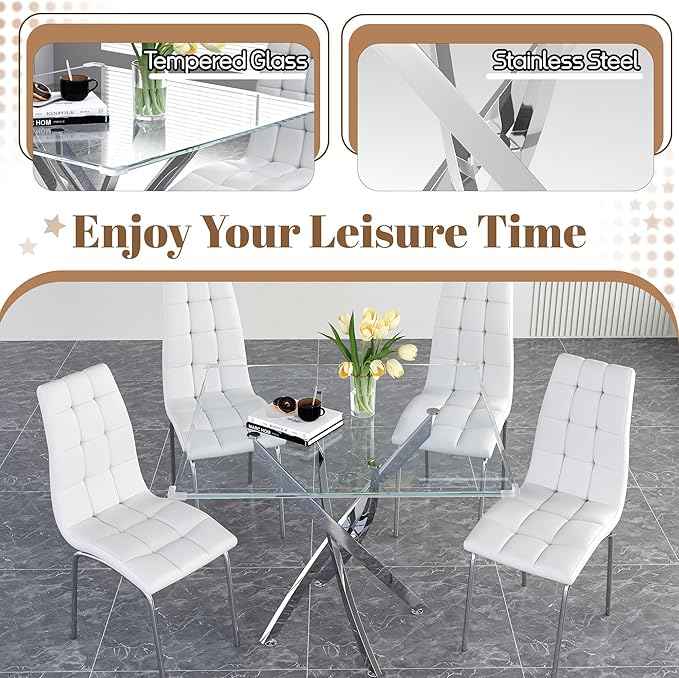 5 Piece Square Glass Dining Table Set, Round Tempered Glass Kitchen Table for 4, Modern Table with 4 High-Back Upholstered Chairs for Kitchen Dining Room (Silver Legs, 4 White Chairs)