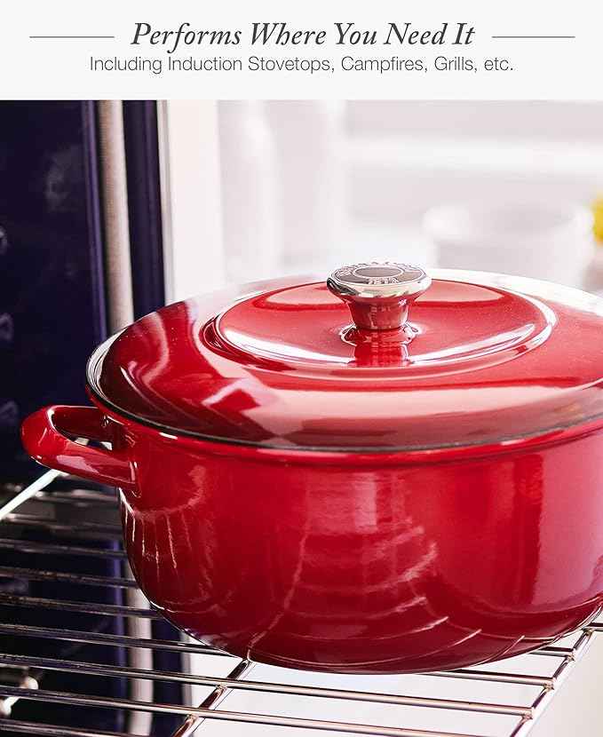 Merten & Storck 7QT Round Dutch Oven Casserole Pot with Lid, European Crafted Enameled Iron Stockpot, Induction & All Cooktops, Braising, Stews, Roasting, Slow Cooking, Sourdough, Foundry Red