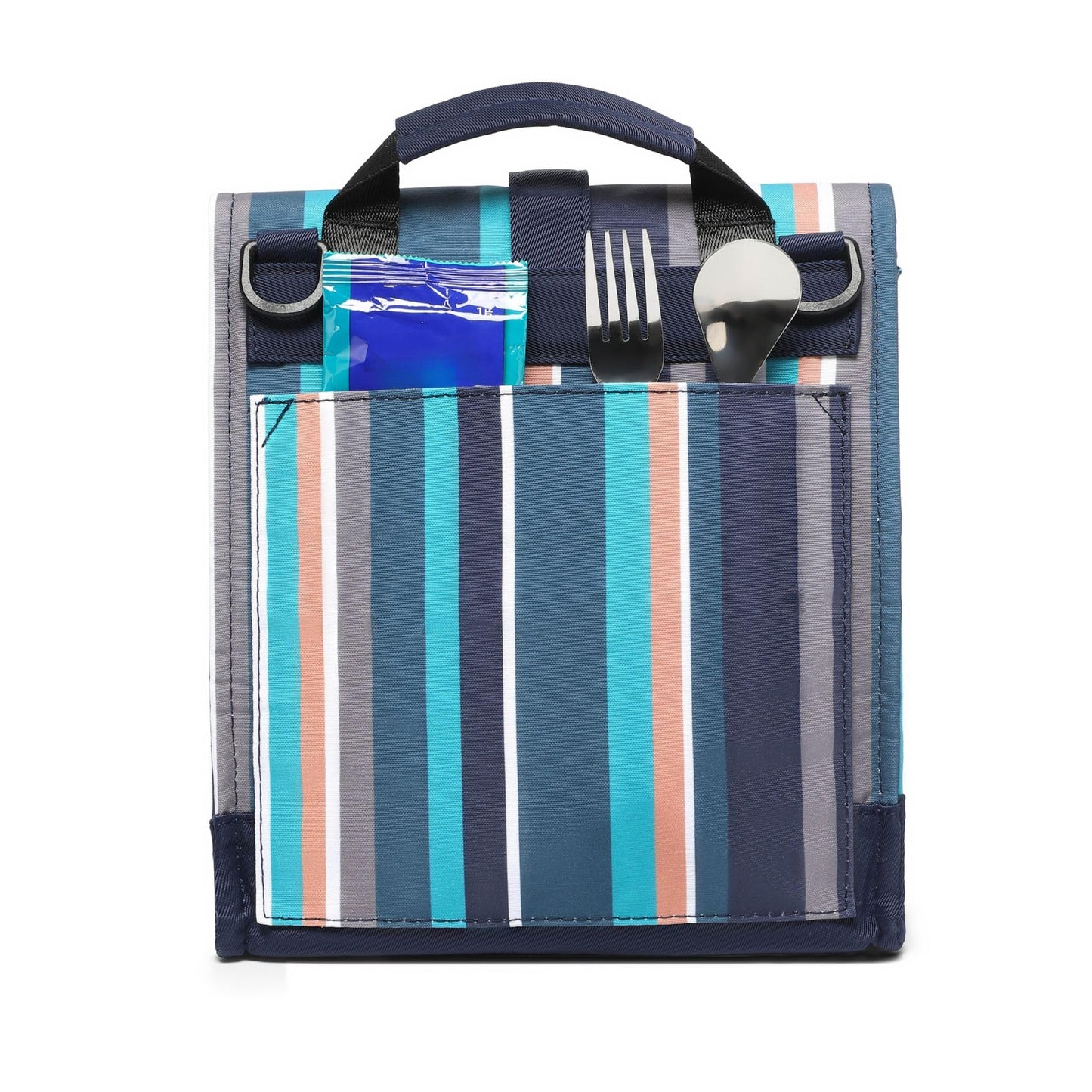 Insulated Lunch Bag Rolltop Lunch Box Tote Bag for Women (Navy Teal Stripe)