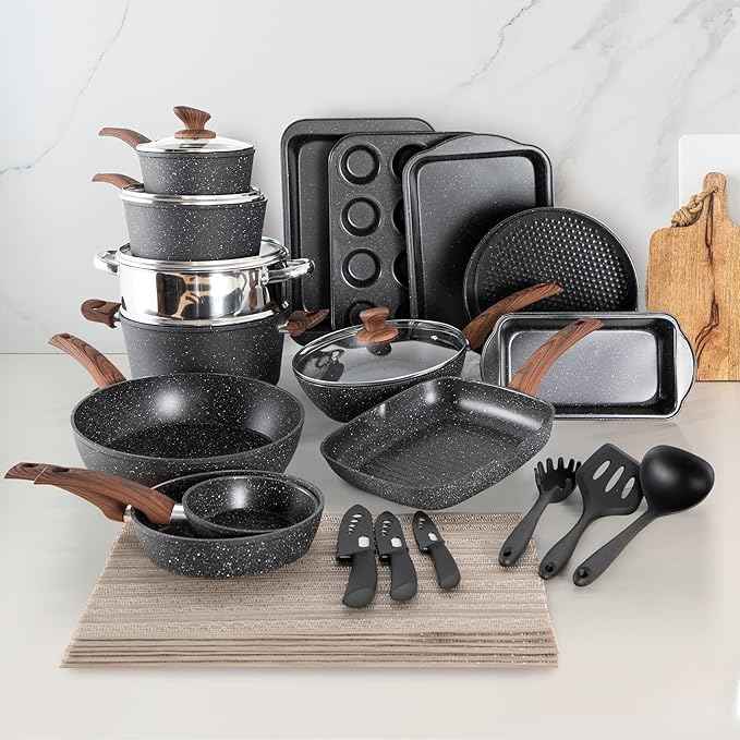 30 Piece Pots and Pans Set Non Stick, Granite Induction Cookware Sets, Nonstick Kitchen Cookware Sets, Non Toxic Cookware Set with Frying Pans and Saucepan, Kitchen Pots and Pans Set, Black