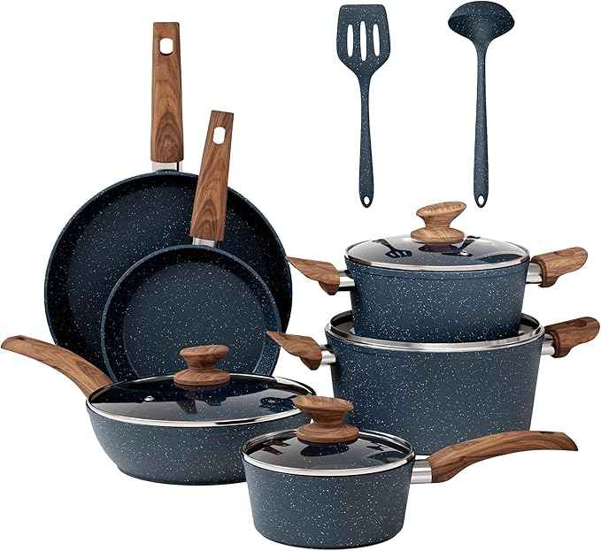 DisDelight Induction Pots and Pans Set Non Stick, Nonstick Granite Kitchen Cookware Sets, Blue Cooking Pans, PFOA & PFOS Free