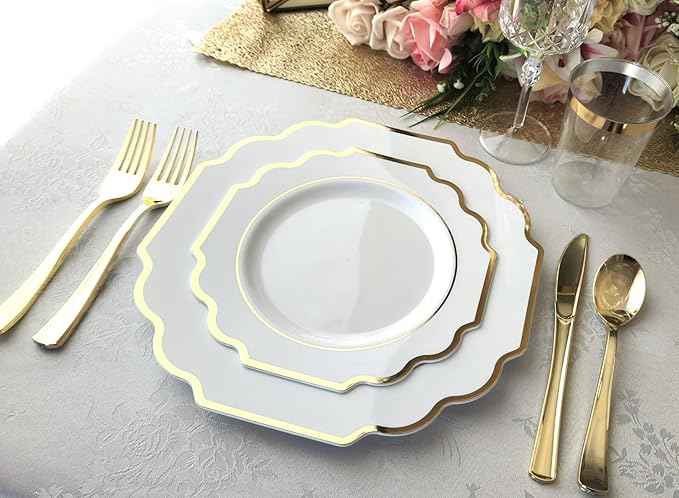 " OCCASIONS " 640 Piece set (80 Guests)-Heavyweight Wedding Party Disposable Plastic Plate Set - 80 x 10.5'' + 80 x 8'' + Silverware + Cups + Napkins (Imperial White & Gold)