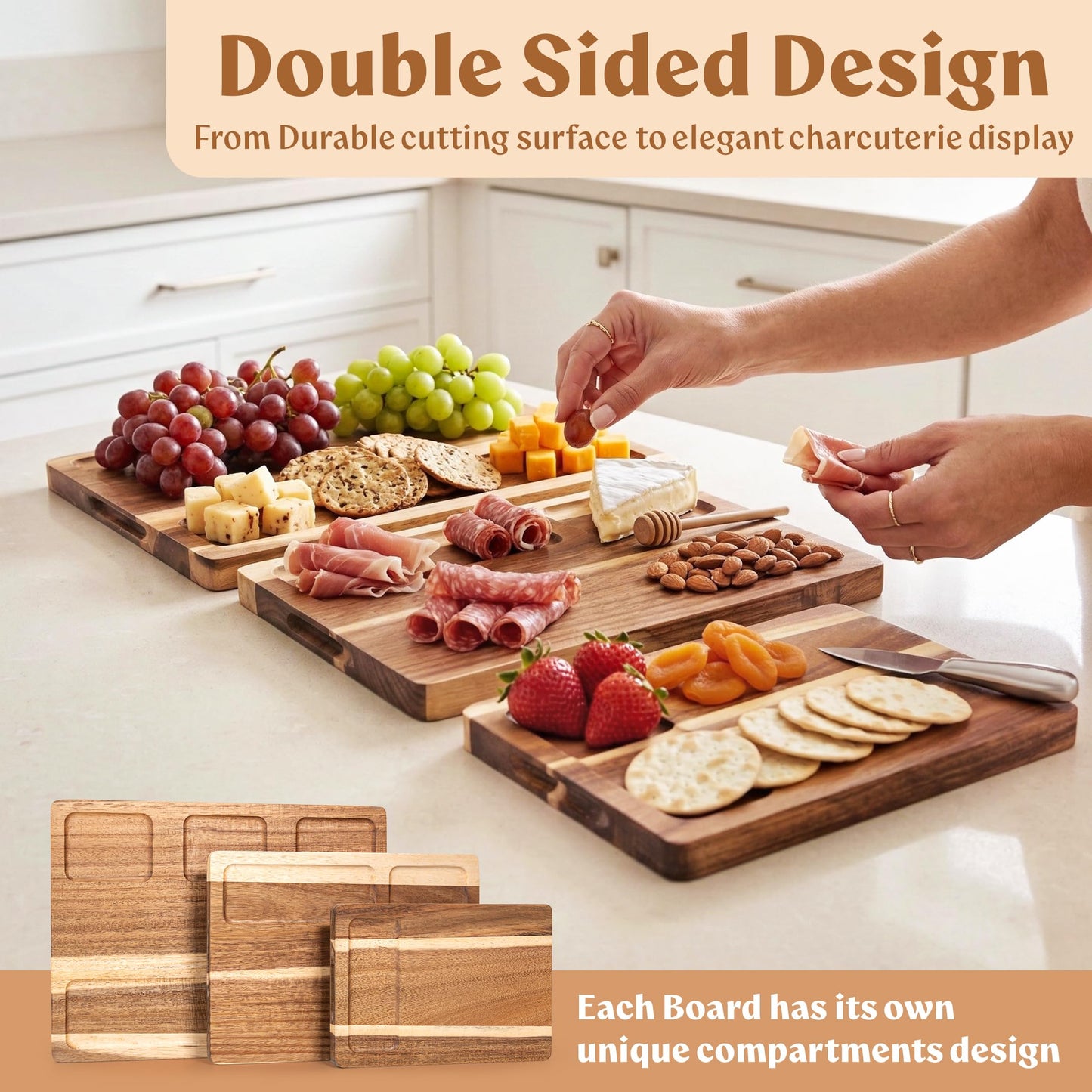 Acacia Wood Cutting Boards for Kitchen Set of 3 (Acacia Double Sided)