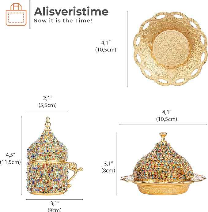 Alisveristime Crystal Embellished Turkish Coffee Set – 27 Pieces – Decorative Zamac Espresso Cups, Saucers and Sugar Bowl with Tray – Available in Three Color Variations (Multi)