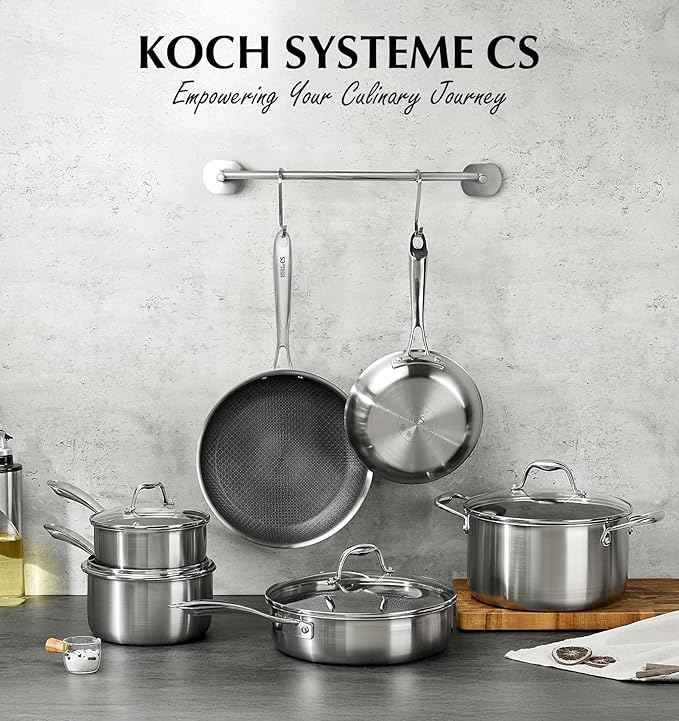 KOCH SYSTEME CS Triply Stainless Steel Cookware Set 10PCS, Nonstick Hybrid Pots and Pans Set, Nontoxic Kitchen Cookware Set with Honeycomb Interior, Pots and Pans Set Non Stick, Induction Compatible