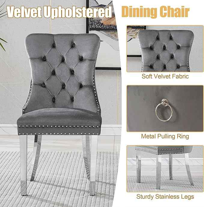 7 Piece Glass Dining Table Set for 6, 63" Modern Kitchen Table with 6 Grey Velvet Chairs, Tempered Glass Tabletop with White X-Shaped MDF Base, Modern Dining Room Set for Kitchen and Dining Room