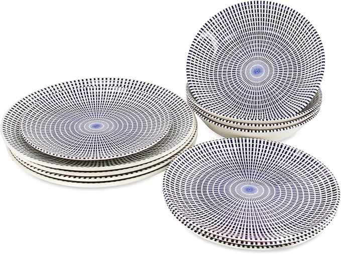 Tudor Royal Collection 12-Piece Round Dinnerware Set, Service for 4, Singapore Design, Blue Spiral, Plates Bowls Dishes, High-Gloss Premium Quality