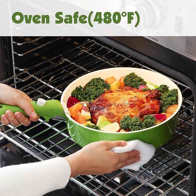 SENSARTE 17 Piece Ceramic Pots and Pans Set, Nonstick Detachable Handle Cookware, Induction Kitchen Cookware Set with Removable Handle, Dishwasher ＆ Oven Safe (Green)
